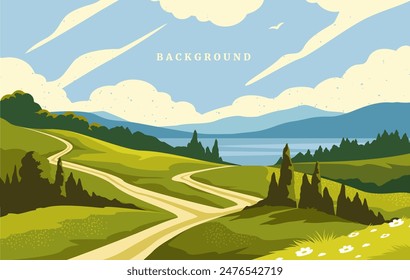 Paisaje natural relajante. Fondo con paisaje de pueblo primaveral con montañas, prados verdes y bosque. Panorama con lago y árboles. Diseño para Fondo de pantalla de PC. Ilustración vectorial plana