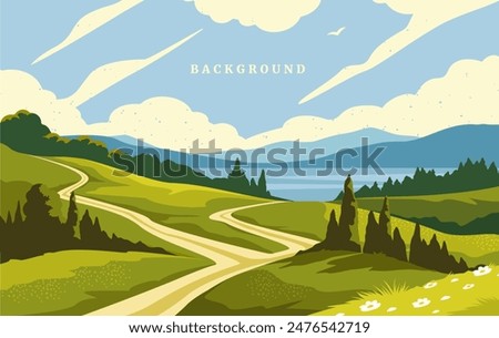 Relaxing natural landscape. Background with spring village scenery with mountains, green meadows and forest. Panorama with lake and trees. Design for PC wallpaper. Flat vector illustration