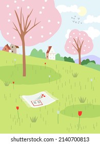 Relaxing In Nature In Spring Or Summer Time At The Park. Poster Of Spring. Family Outing To The Park Or Picnic. Flower Blossom. Landscape Spring Or Summer Concept EPS