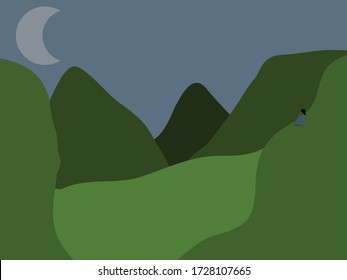 Relajante Vista Nocturna De Montañas Y Valle Con Luna Y Figura Humana Mirando A La Luna Mientras Se Sentaba En La Hierba