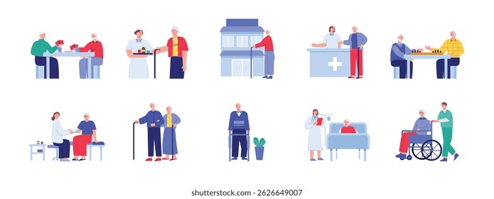 Relaxing nursing home, support for elderly patients. Design character. Vector flat illustration
