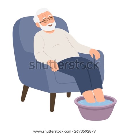 Relaxing old man is sitting in a comfortable chair in and making a foot bath.Warming feet for relaxation concept. Vector Illustration