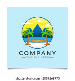 Relaxing on the beach with coconut trees and mountain background logo