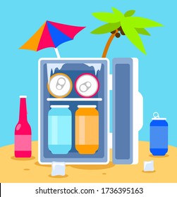 Relaxing on the beach. Cooler bag. Cold drinks. Portable fridge. Car refrigerator. Ice box with beverages.