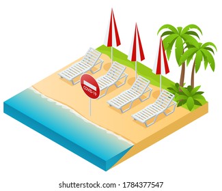 Relaxing on the beach during the coronavirus outbreak. Keeping the distance between people 2 m. Isometric illustration