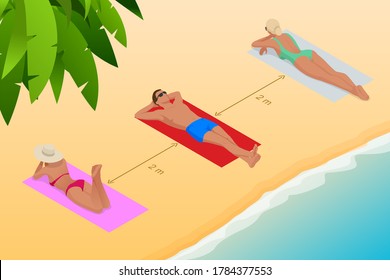 Relaxing on the beach during the coronavirus outbreak. Keeping the distance between people 2 m. Isometric illustration