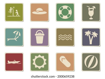 Relajarse en el conjunto de iconos de la playa para su diseño. pegatinas de papel