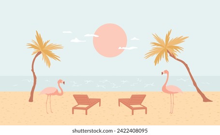 Relaxing on the beach near the sea, sun beds, flamingos and palm trees. Summer vacation concept, minimalistic illustration of balance, tranquility, wellbeing. Dreamy rest on sea landscape.