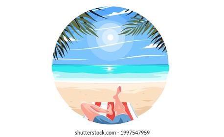Relaxing on the beach with palm trees. A guy in bathing shorts relaxing on a chaise lounge on a sea or ocean beach. Rich guy relaxing under a palm tree. Beach with palm trees. Vector illustration. EPS