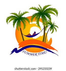 relaxing on the beach. summer rest illustration. palms, hammock and sunset. idea for a logo for touristic company or organization