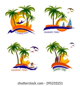 relaxing on the beach. summer rest illustrations set. palms, hammock, boats, surfer and sunset. idea for a logo for touristic company or organization