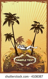 relaxing on the beach,palm trees ,retro look grunge & floral ornaments,vector illustration