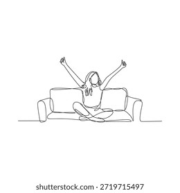 Relajante en el sofá un dibujo de línea continua de una mujer que disfruta del tiempo libre