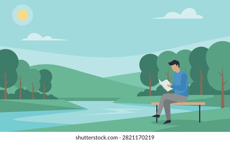 Relaxing outdoor scene with a young man in a blue shirt sitting on a bench by the river reading a book under a bright sun.