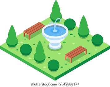 Relajante área del parque con una fuente de agua, rodeada de arbustos verdes bien dispuestos y bancos de madera, creando una atmósfera tranquila y acogedora en proyección isométrica