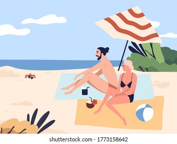 Relaxing people at seashore, couple sunbathing on beach. Woman and man sit, talk, chill. Lounge time at the seaside. Summer vacation, relaxation under umbrella in flat cartoon vector illustration