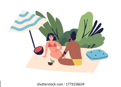 Relaxing people, sunbathing couple on beach. Woman and man sitting, talking, chilling, lounge time. Summer vacation, relaxation under umbrella in cartoon flat illustration isolated on white background