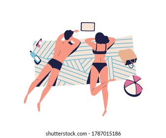 Relaxing people, sunbathing couple on beach blanket. Woman, man watching movie, video on tablet, spend time together. Summer vacation, lounge. Cartoon flat illustration isolated on white background