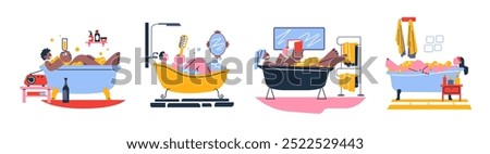 Relaxing people taking a bath. Home bathroom, cartoon doodle characters lying in a bathtub with foam, shower room interior, hygiene and personal care