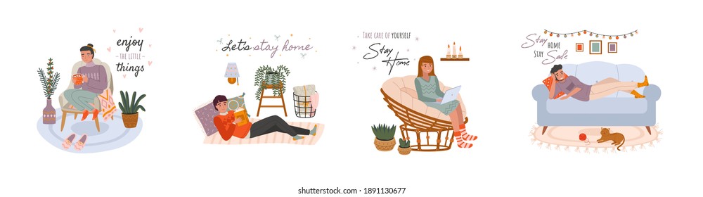 La gente relajante. Mujeres y hombres jóvenes en escenas cálidas en casa, personajes de niños y niñas se relajan en sofás y sillones, albergan agradable interior de higge de invierno adorables cosas pequeñas. Juego de dibujos a mano de dibujos de dibujos animados