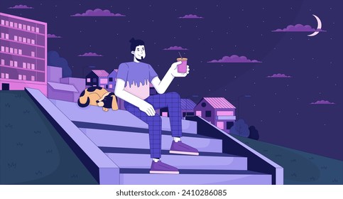 Relaxing with pet on hillside stairs at night lofi wallpaper. Dog walking 2D cartoon flat illustration. Man drinking coffee on staircase. Dreamy chill vector art, lo fi aesthetic colorful background