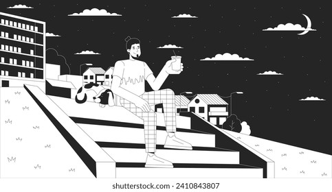 Relaxing with pet on hillside stairs at night black and white lofi wallpaper. Dog walking 2D outline cartoon flat illustration. Man drinking coffee on staircase. Dreamy vector line lo fi background