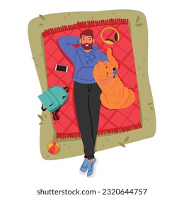 Relaxing Picnic Scene. Man Character And His Dog Enjoy A Peaceful Day Lying On A Blanket, Offering A Top-down View Of Their Bonding Moment In Nature. Cartoon People Vector Illustration