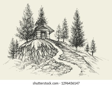 Relaxing place hand drawing, a retreat in nature landscape