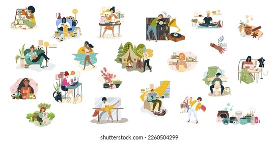 Relaxing pleasant activities for pleasure and joy. Outdoor and indoor uplifting items, happy women and men enjoying their vacation. Hobby set. Flat graphic vector illustration isolated on white .