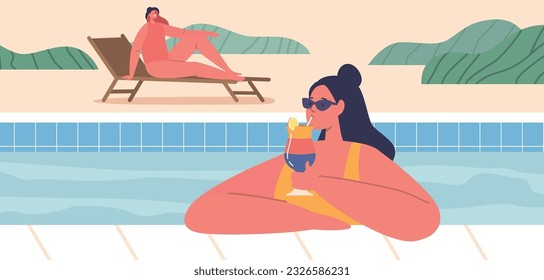 Relajante En La Piscina, Personaje De Mujer Siente En Su Cóctel, Disfrutando De La Refrescante Bebida Mientras Toma El Sol