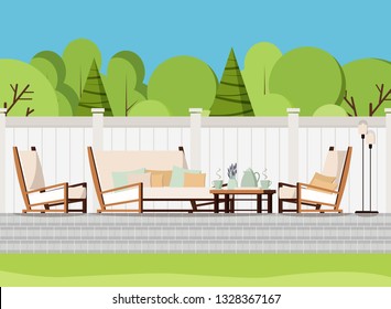 Relaxing Porch Zone: Private Backyard Patio Retreat With Outdoor Country Soft Sofa, Table With Cups Of Tea And Flowers, Armchairs And Lamps. Flat Cartoon Style Vector Background Scene Illustration.