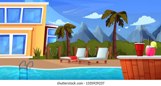 Relaxing rattan chairs beside swimming pool. Bar with coctails in hotel and resort. Vector cartoon illustration