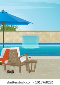 Relaxing resort swimming pool with comfy chair, glass of red wine and umbrella. Blue sky for copy space. 