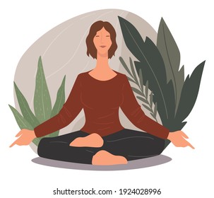 Relaxing and resting at home, female character meditating and doing yoga exercises and asanas. Lady sitting in lotus pose. Interior of house or studio with flowers and leafy plants. Vector in flat