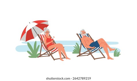 Relaxing Retirement Years Two People Enjoying Beach Life Under Umbrella In Summer