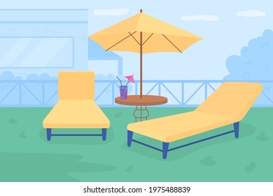 Relaxing retreat in courtyard flat color vector illustration. Outdoor patio with umbrella folding lounge chairs. Creating cozy place in 2D cartoon backyard with cityscape on background