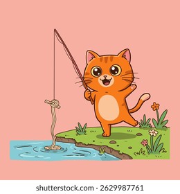 Relaxing scene with cat and fish, cartoon style, peaceful vibe


