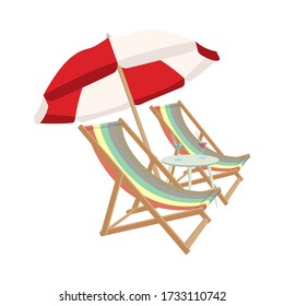 Relaxing scene on a breezy day, two deck chair, umbrella and a cocktail table. Vector illustration.