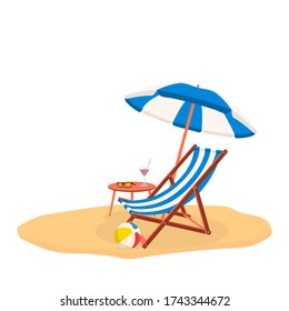 Relaxing scene on a breezy day, deck chair, umbrella and a cocktail table. Vector illustration.