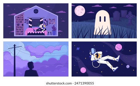 Relaxing scenes lofi wallpaper set. Woman at home. Ghost at graveyard. Dawn and outer space. Quiet 2D cartoon flat illustration pack. Fantasy chill vector art, lo fi aesthetic colorful background