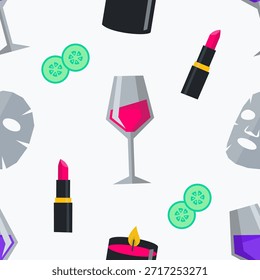 Relajante patrón sin fisuras de vino y artículos de spa de belleza. Vector de diseño plano de fondo de amor propio para el embalaje anti-valentine, regalos de las señoras solteras, y la marca de cuidado de la piel.