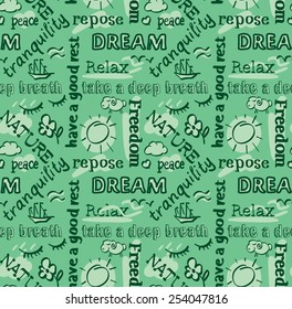 Relaxing seamless pattern, words and letters, green
