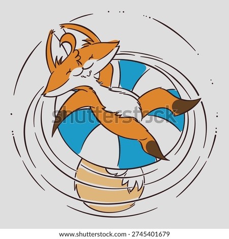 Relaxing seaside getaway. Inflatable ring, relaxing in the pool. Pleasure and tranquility. A cartoon fox drawn in a simple outline style. Vector illustration of a cheerful animal.