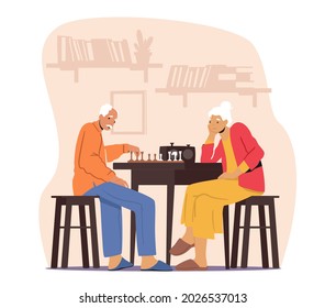 Relaxing Senior Couple Playing Chess in Nursing Home. Thoughtful Man and Woman Pensioners Spending Time Together at Intellectual Game, Retired People Leisure, Sparetime. Cartoon Vector Illustration