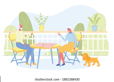 Relaxing Senior Man and Woman Playing Board Game at Home. Couple Cheerful Pensioners Spending Time Together at Intellectual Game, Retired People Leisure and Sparetime. Cartoon Flat Vector Illustration