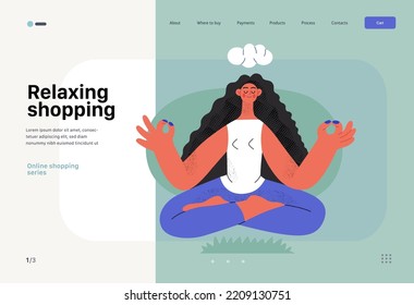 Relaxing shopping -Online shopping and electronic commerce web tamplate -modern flat vector concept illustration of meditating woman in lotus pose. Promotion, discounts, sale and online orders concept