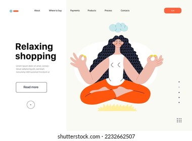 Relaxing shopping - Online shopping and electronic commerce series - modern flat vector concept illustration of a meditating woman in lotus pose. Promotion, discounts, sale and online orders concept