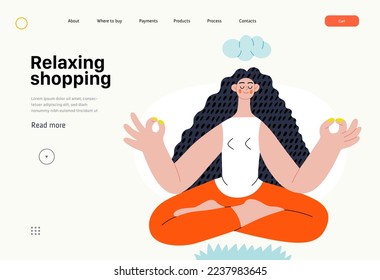 Relaxing shopping - Online shopping and electronic commerce series - modern flat vector concept illustration of a meditating woman in lotus pose. Promotion, discounts, sale and online orders concept