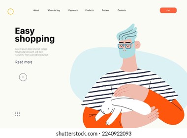 Relaxen Shopping - Online-Shopping und E-Commerce-Serie - moderne flache Vektorgrafik eines Mannes, der einen Hase in den Armen hält. Konzept der Verkaufsförderung, Rabatte, des Verkaufs und der Online-Bestellungen