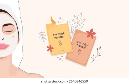A relaxing skincare scene with a woman wearing a sheet mask, surrounded by beauty product packaging and floral elements on a soft pastel background